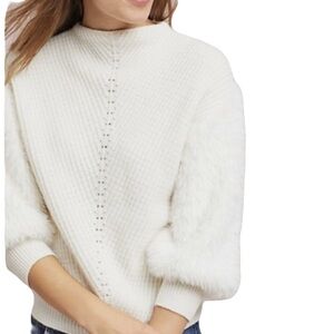 Anthropologie Knitted & Knotted Ivory Sweater Faux Fur Balloon Sleeves Size M
